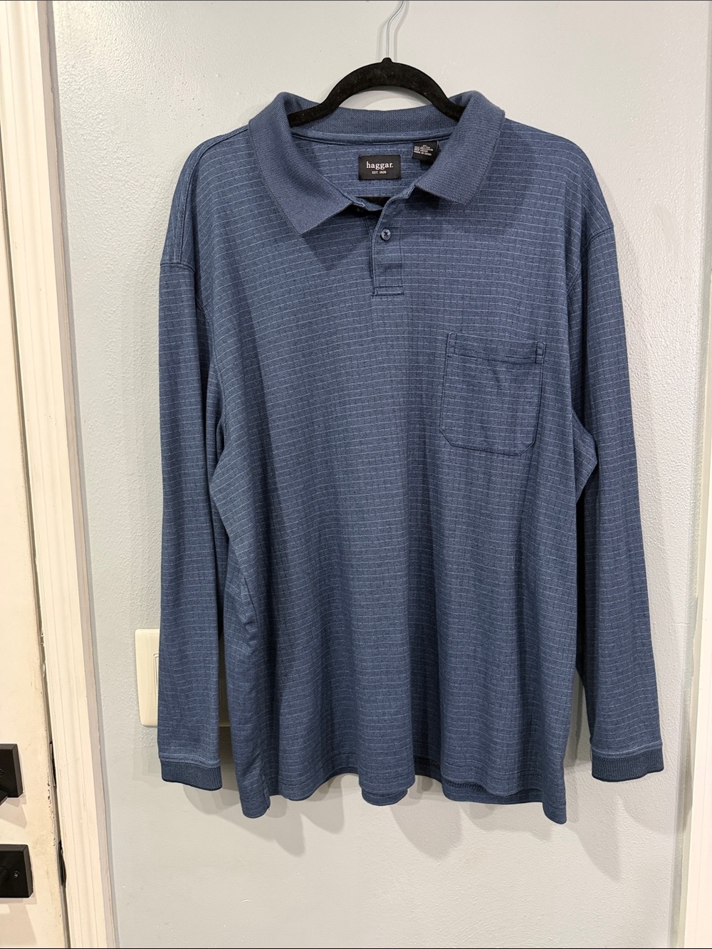 Haggar Men's Long Sleeve Denim Blue Polo with Chest Pocket